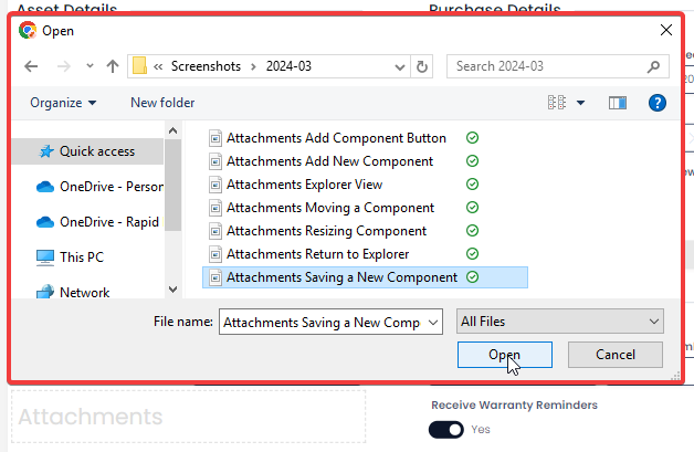 A screenshot showing how the Attachments component uses your file browser and allows you to upload multiple files.